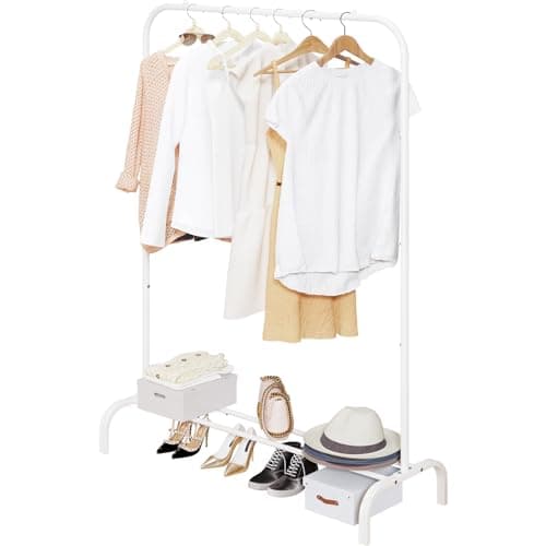 Heavy Duty Portable Clothes Hanging Garment Rack with Metal Shelf, Black (White)