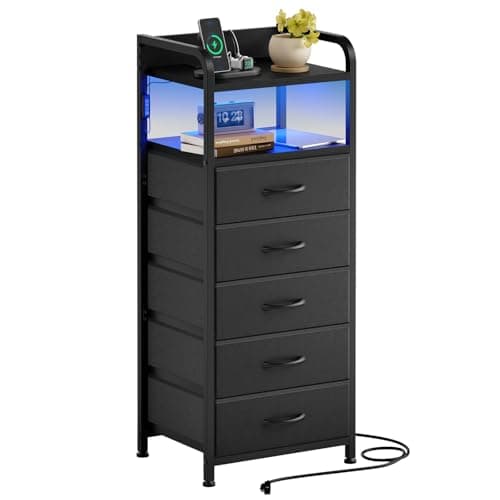 Fixwal Tall Night Stand with Charging Station, LED White Nightstand and 4 Fabric Drawers