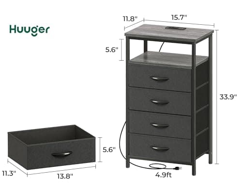 Huuger 33.9 Inch Tall Night Stand with Charging Station & 4 Drawers, Gray