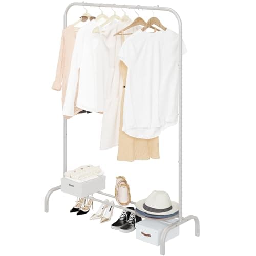 Heavy Duty Portable Clothes Hanging Garment Rack with Metal Shelf, Black (White)