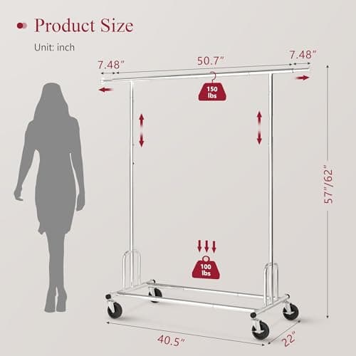 Heavy Duty Clothes Rack with Wheels and Extendable Rod, Freestanding Clothing Rack for Hanging Clothes, Adjustable Rolling Racks