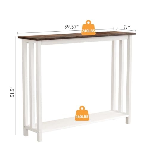 Solid Wood Console Table with Storage Shelves, Rustic White