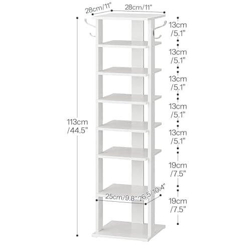 Vertical Shoe Rack Organizer for 8 Pairs, White Wood Storage Tower