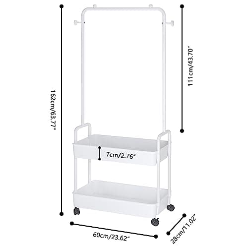Metal Clothing Racks with Wheels and 2 Tier Plastics Shelf, White