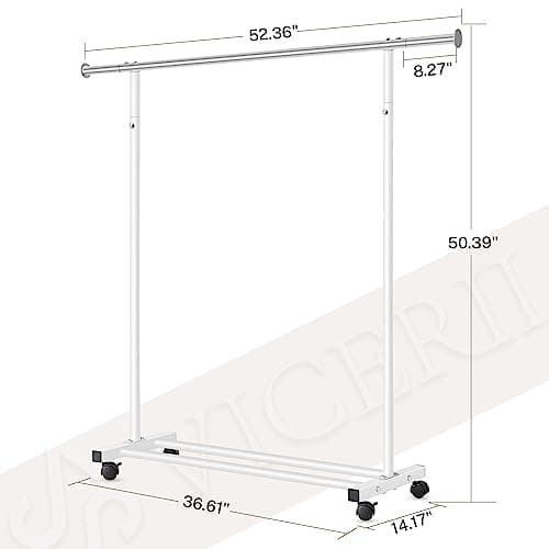 Heavy Duty Clothes Rack with Wheels, 130LB Capacity, 52.17 Inch Rolling for Hanging Clothes, Coats, Shirts, Sweaters, Skirts - White