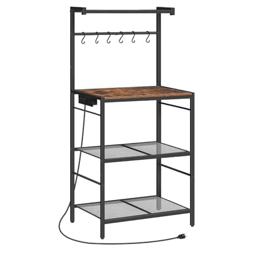 Rustic Brown Bakers Rack with Charging Station & 6 Hooks BRHR35E01