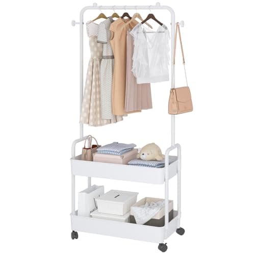 Metal Clothing Racks with Wheels and 2 Tier Plastics Shelf, White