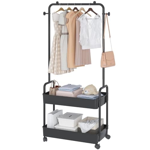 Metal Clothing Racks with Wheels and 2 Tier Plastics Shelf, White
