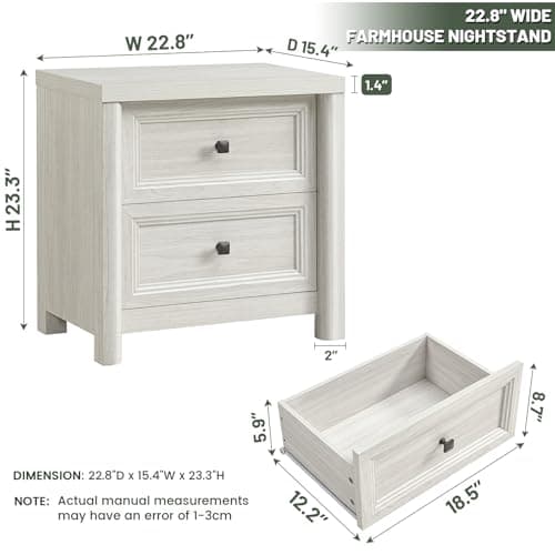Farmhouse White Night Stands Set of 2, 2 Drawer Storage, Large Rustic Wood Bedside Tables