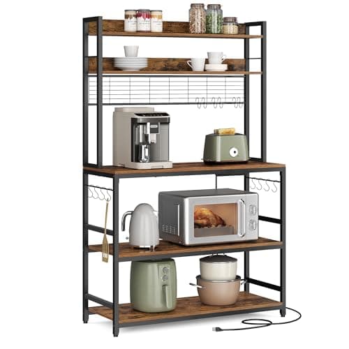 VASAGLE Microwave Stand with Power Outlet, 14 Hooks, 66.9 Inches Tall UKKS037W41
