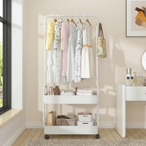 Metal Clothing Racks with Wheels and 2 Tier Plastics Shelf, White