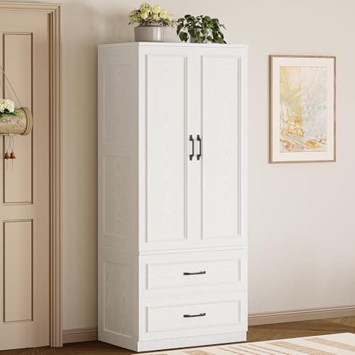 LIKIMIO 70 Wooden Wardrobe Closet with 2 Doors and 2 Drawers - Freestanding White Design for Bedroom Storage