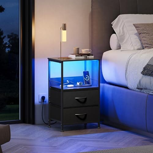 WLIVE Black Night Stand with Charging & Storage