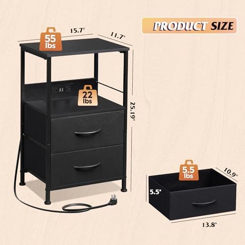 WLIVE Black Night Stand with Charging & Storage