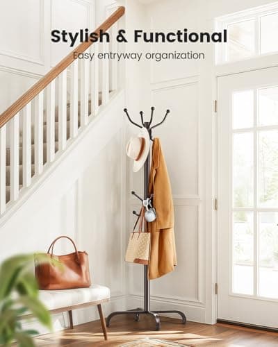 Pipishell 14-Hook Freestanding Coat Rack for Entryway, Hallway, Bedroom, and Office - Brown Metal Coat Tree & Hat Rack