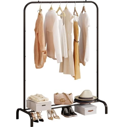 Heavy Duty Portable Clothes Hanging Garment Rack with Metal Shelf, Black (White)