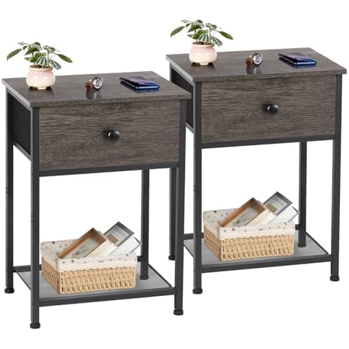 AMHANCIBLE Rusic Brown Night Stand Set with Fabric Drawer HET03SDBR