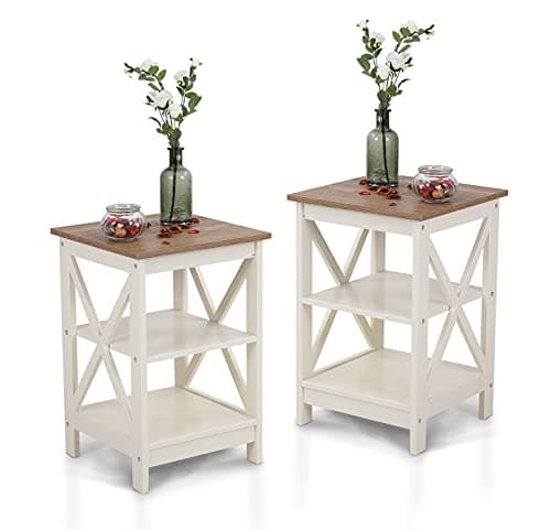 MAISON ARTS Set of 2 Farmhouse Ivory White End Tables for Living Room and Bedroom