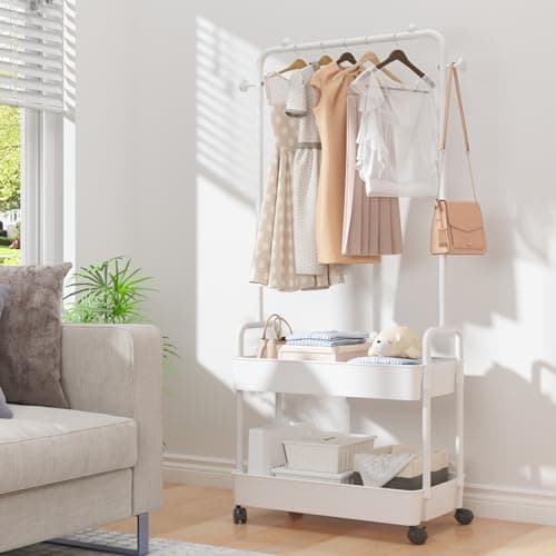 Metal Clothing Racks with Wheels and 2 Tier Plastics Shelf, White