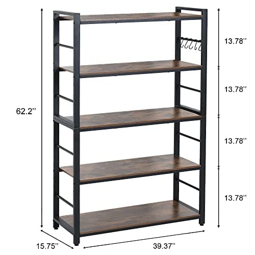 5-Tier Bakers Rack with Shelves and Hooks for Kitchen, Bathroom, Living Room