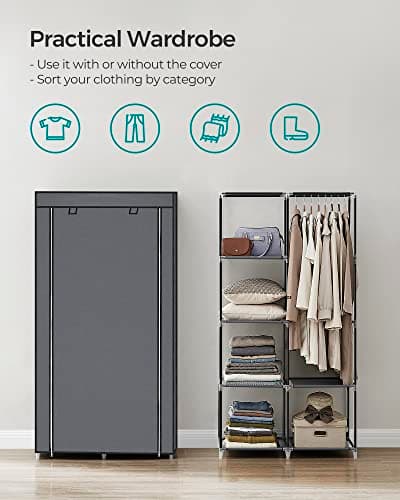 SONGMICS 6-Shelf Portable Closet with Hanging Rail, Grey URYG84GY