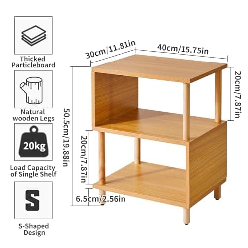 Wooden Night Stand with Open Shelf - 3-Tier, S-Shaped Bedside Table, 20” Natural Wood YD-TM152N