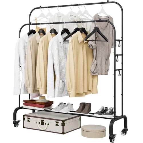 Heavy Duty Portable Clothes Hanging Garment Rack with Metal Shelf, Black (White)