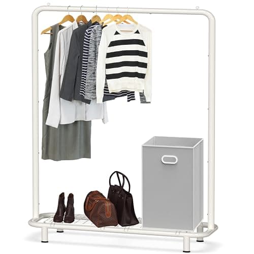 Industrial White Clothing Rack with Bottom Shelves