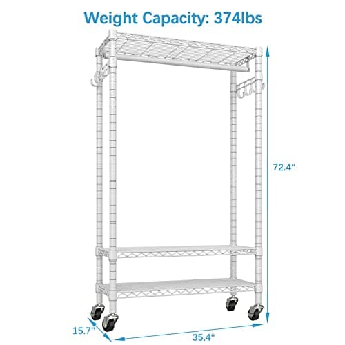 Heavy Duty Rolling Clothing Rack with Wheels and Hooks