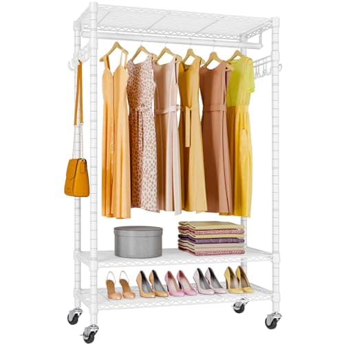 Heavy Duty Rolling Clothing Rack with Wheels and Hooks