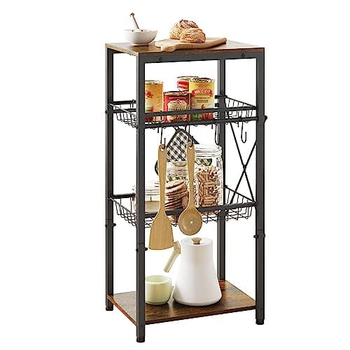 Kitchen Bakers Rack with Storage Shelf, Wire Basket & Hooks - Rustic Brown