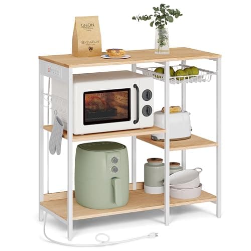 VASAGLE ALINRU Kitchen Baker's Rack, Coffee Bar Stand, 6 Hooks, Steel Wire Basket, Mini Oven Spices Utensils, Industrial