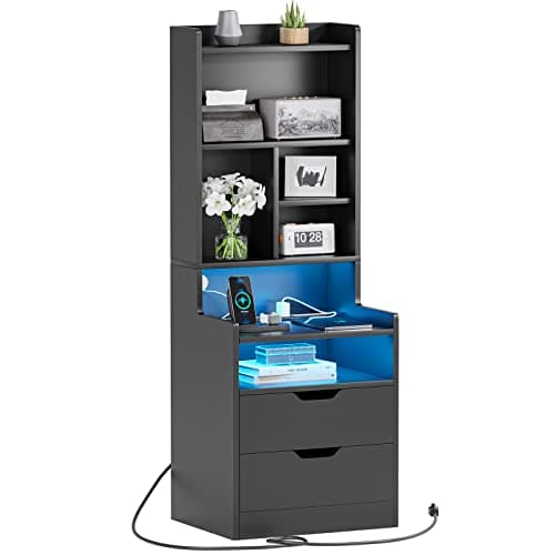 ADORNEVE Tall Night Stand with Charging Station & LED Lights, White with Bookshelf & Drawers