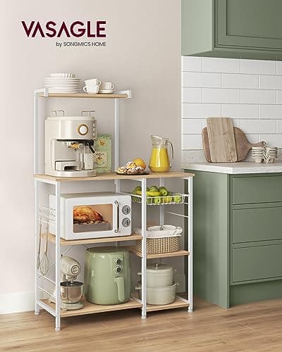 Kitchen Storage Rack with Wire Basket, 6 Hooks, and Shelves