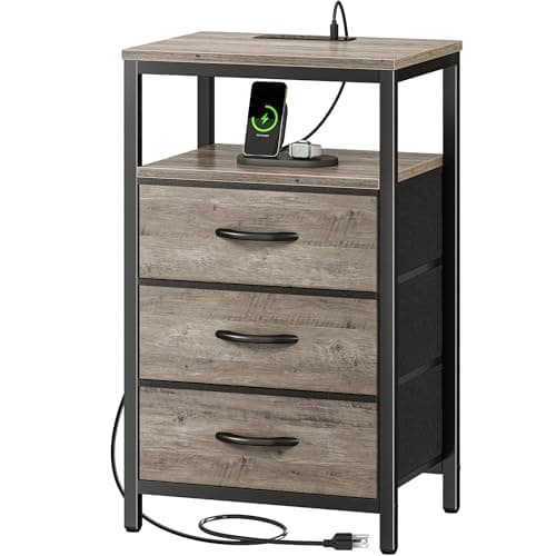 Huuger 33.9 Inch Tall Night Stand with Charging Station & 4 Drawers, Gray