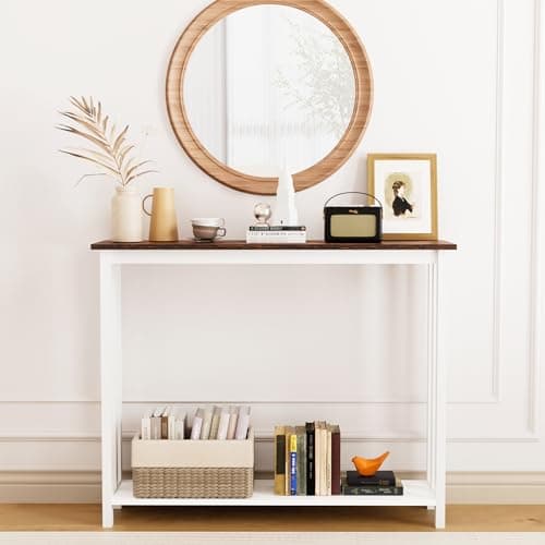 Solid Wood Console Table with Storage Shelves, Rustic White