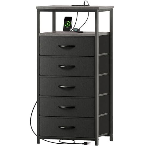 Huuger 33.9 Inch Tall Night Stand with Charging Station & 4 Drawers, Gray