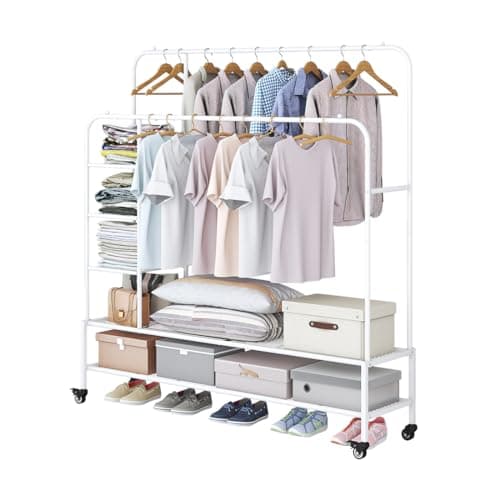 Heavy Duty Portable Clothes Hanging Garment Rack with Metal Shelf, Black (White)