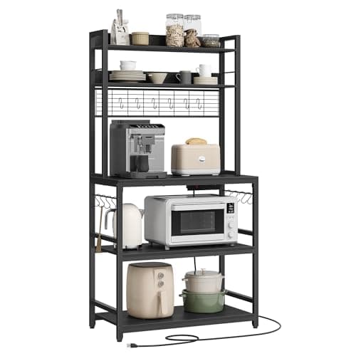 VASAGLE Microwave Stand with Power Outlet, 14 Hooks, 66.9 Inches Tall UKKS037W41