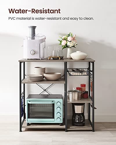 VASAGLE ALINRU Kitchen Baker's Rack, Coffee Bar Stand, 6 Hooks, Steel Wire Basket, Mini Oven Spices Utensils, Industrial