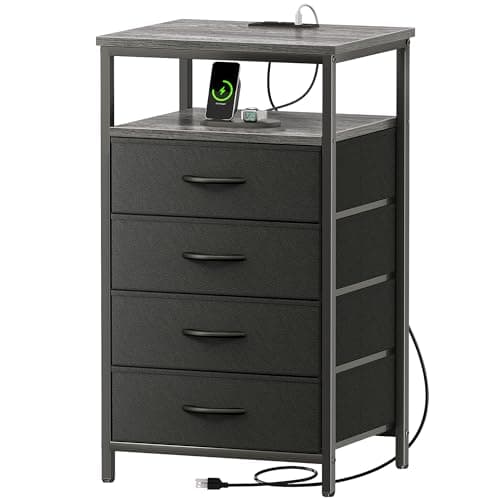 Huuger 33.9 Inch Tall Night Stand with Charging Station & 4 Drawers, Gray