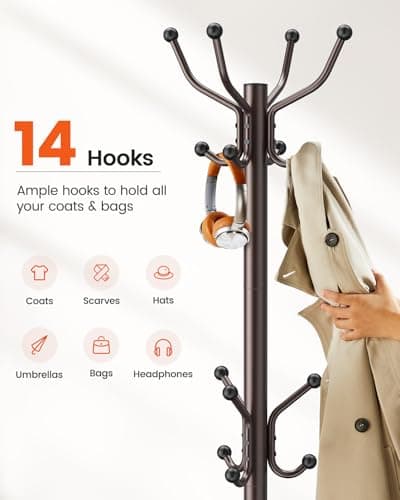 Pipishell 14-Hook Freestanding Coat Rack for Entryway, Hallway, Bedroom, and Office - Brown Metal Coat Tree & Hat Rack