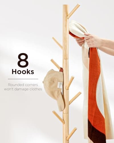Wooden Coat Rack Stand with 8 Hooks for Entryway, Bedroom, Office