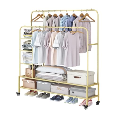 Heavy Duty Portable Clothes Hanging Garment Rack with Metal Shelf, Black (White)