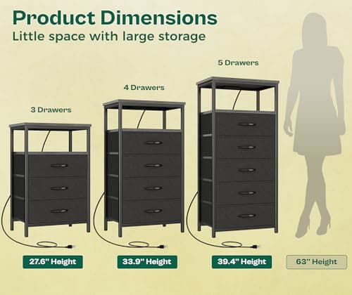 Huuger 33.9 Inch Tall Night Stand with Charging Station & 4 Drawers, Gray