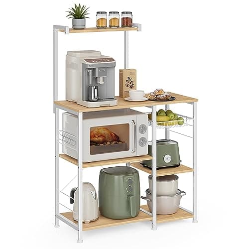 Kitchen Storage Rack with Wire Basket, 6 Hooks, and Shelves