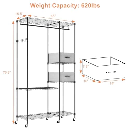 Heavy Duty Clothes Rack with Shelves and Drawers