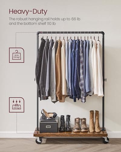 VASAGLE Industrial Pipe Rolling Clothing Rack with Shelf, Rustic Brown and Black UHSR65BX