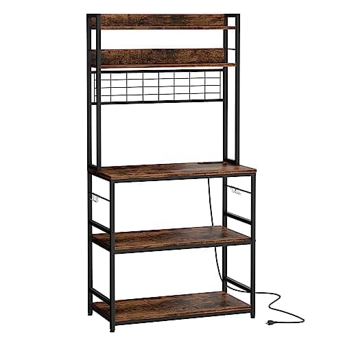 ShintenchiMetal Bakers Rack, 10 Hooks, Power Outlet, Large Storage
