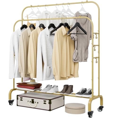 Heavy Duty Portable Clothes Hanging Garment Rack with Metal Shelf, Black (White)